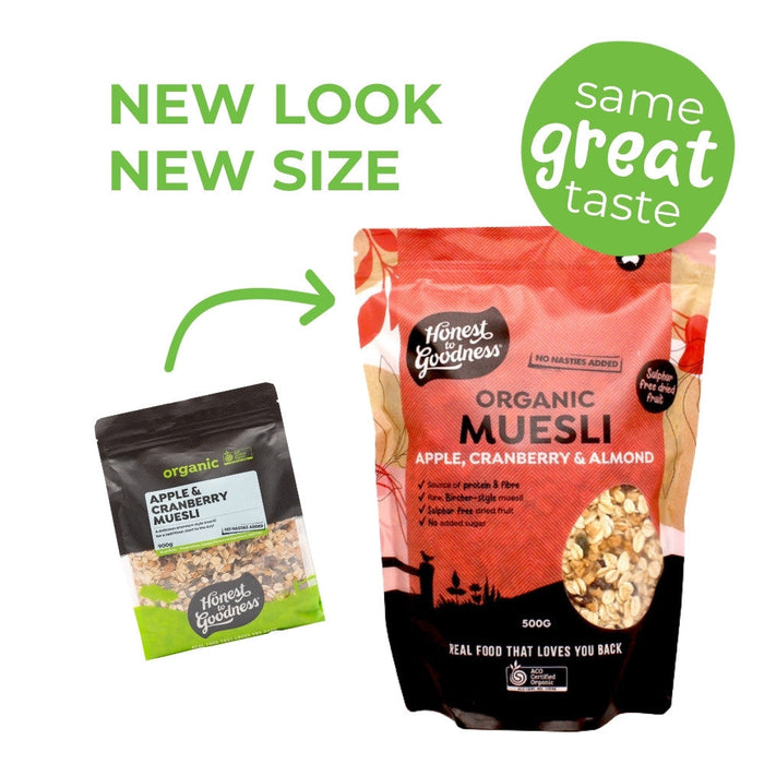 Honest to Goodness Organic Muesli new 500g size and packaging
