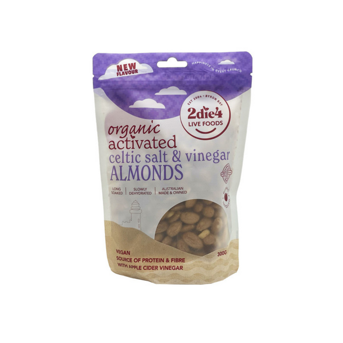 2die4 Live Foods Activated Organic Celtic Salt & Vinegar Almonds 300g front pack