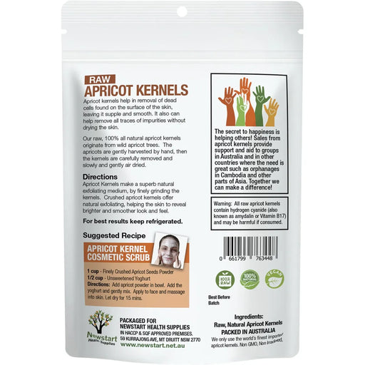 Back packaging of Raw Apricot Kernels 500g showing health benefits, recipe, and storage instructions.