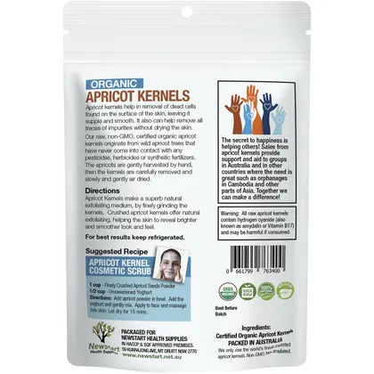 Organic Apricare Apricot Kernels 500g packaging with directions and benefits listed on the back.