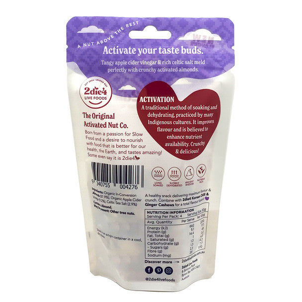 2die4 Live Foods Activated Organic Celtic Salt & Vinegar Almonds 120g back label