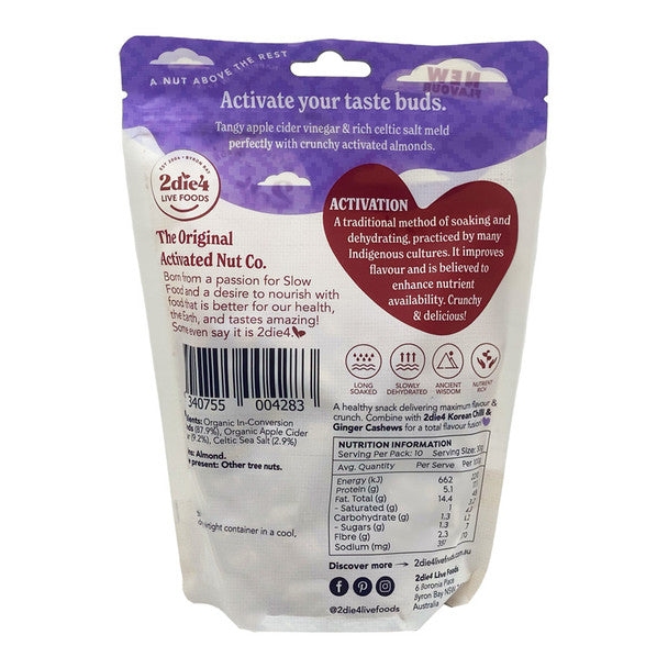 2die4 Live Foods Activated Organic Celtic Salt & Vinegar Almonds 300g back label