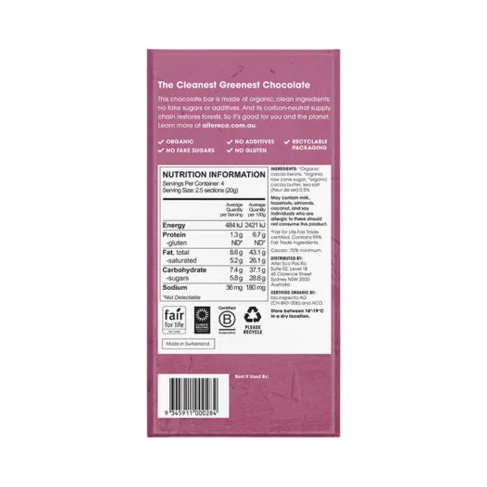 Alter Eco Chocolate Organic Dark Sea Salt 80g