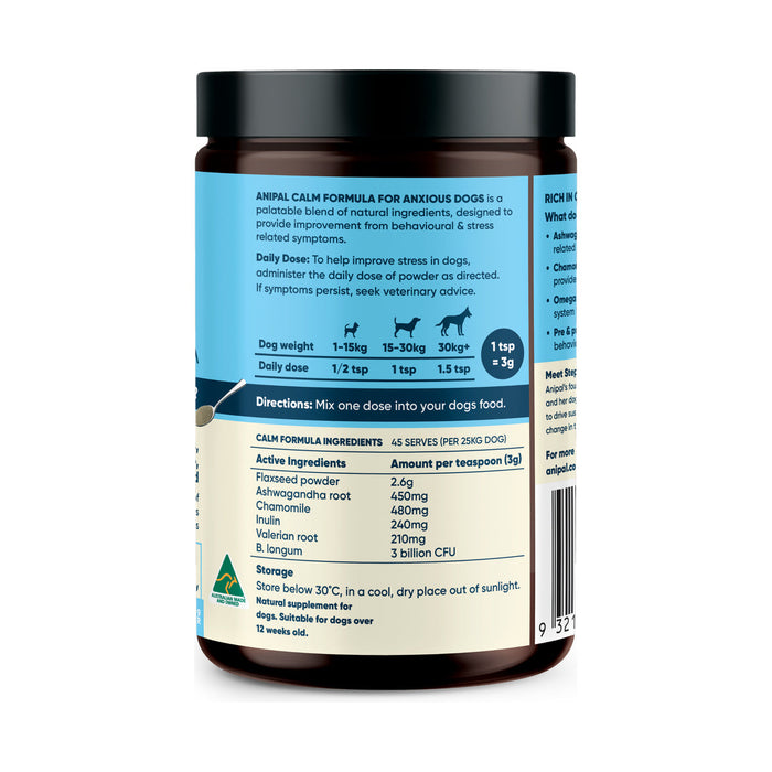 Anipal Calm Formula Powder Meal Topper for Dogs 135g back label with ingredients and feeding guide