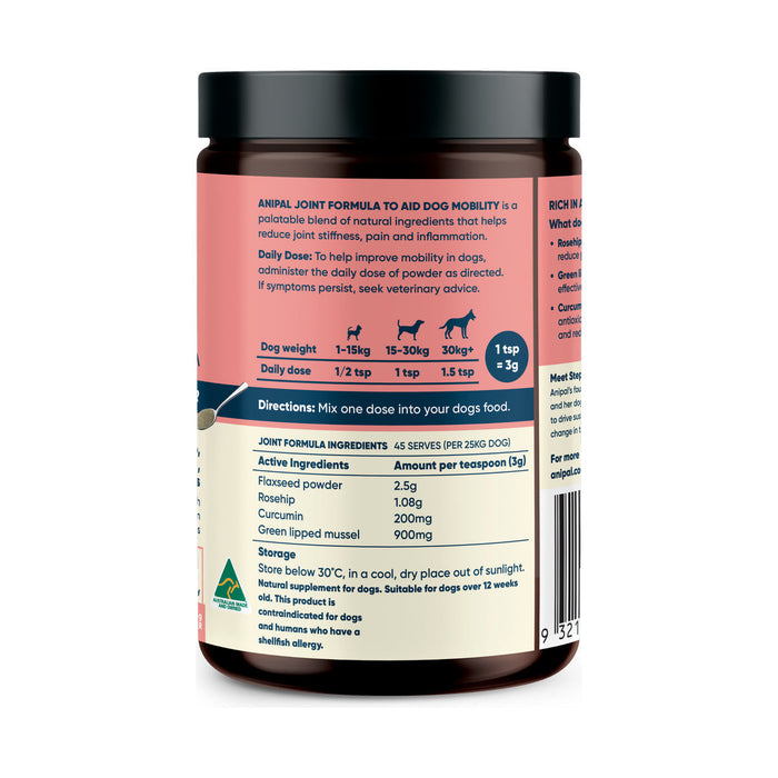 Anipal Joint Formula Powder Meal Topper for Dogs 135g back label with ingredients and feeding guide