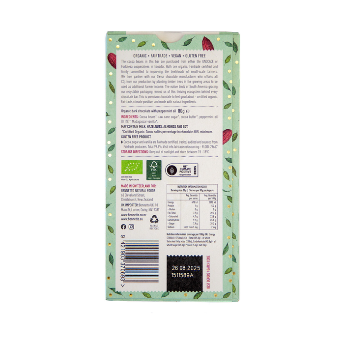 Bennetto Organic Dark Mint Chocolate 80g — rear pack ingredients, allergens and nutrition label