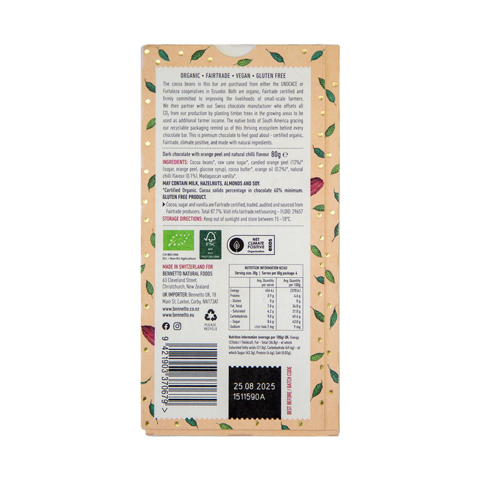 Bennetto Organic Orange with Chilli Chocolate 80g — rear pack ingredients, allergens and nutrition label