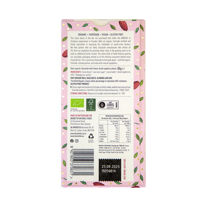 Bennetto Organic Raspberries in Dark Chocolate 80g — rear pack ingredients, allergens and nutrition label