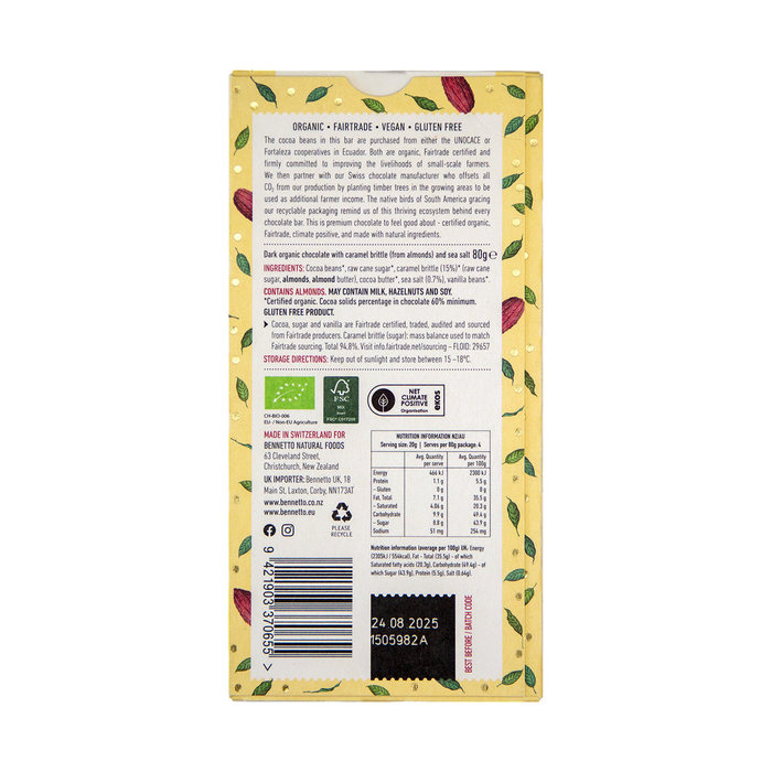 Bennetto Organic Dark Salted Caramel Chocolate 80g — rear pack ingredients, allergens and nutrition label