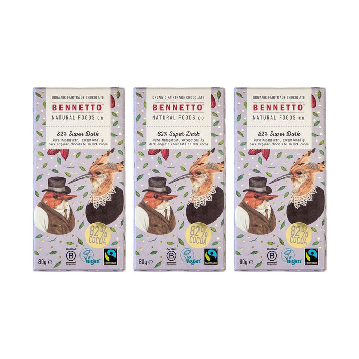Bennetto Organic 82% Super Dark Chocolate 80g – 3 bars on white background