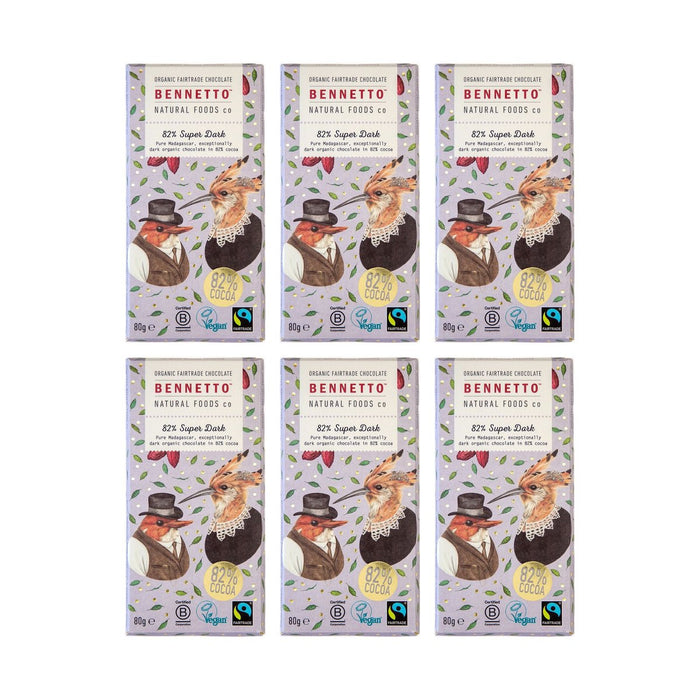 Bennetto Organic 82% Super Dark Chocolate 80g – 6 bars on white background