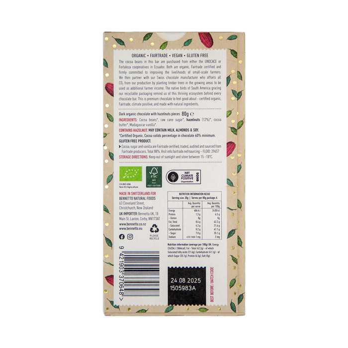 Bennetto Organic Toasted Hazelnut Chocolate 80g — rear pack ingredients, allergens and nutrition label