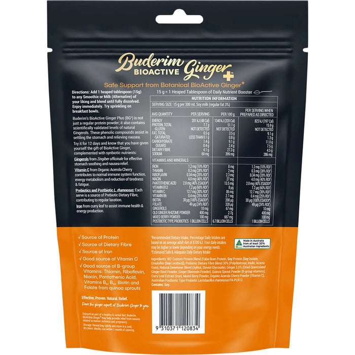 Buderim Ginger Bioactive Daily Nutrient Booster back packaging with nutrition facts and ingredients list.