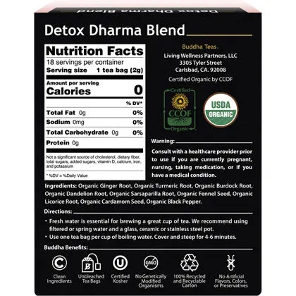 Buddha Teas Organic Herbal Tea Bags Detox Dharma Blend 18 Pack