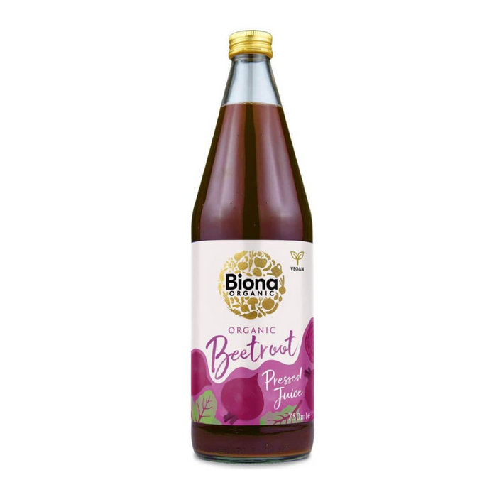 Biona Organic Pressed Beetroot Juice 750ml in a glass bottle with a vibrant label