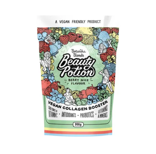 Botanika Blends Beauty Potion Berry Nice 300g vegan collagen booster packaging with vibrant fruit design.