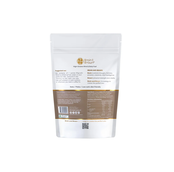 Back packaging of Brain and Brawn Collagen Coffee Synergy sachets with nutritional details and usage instructions.