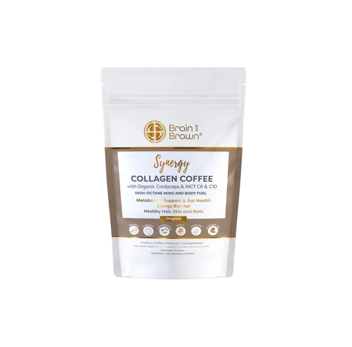 Brain and Brawn Synergy Collagen Coffee sachet with Organic Cordyceps and MCT, promoting health and energy.