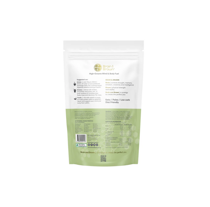 Brain and Brawn Optimal Body Organic Vegan Plant Protein Unflavoured 900g packaging back view with nutritional information.