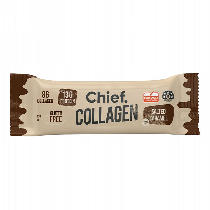 Chief Choc Salted Caramel 45g bar packaging; supplied as a box of 12 bars