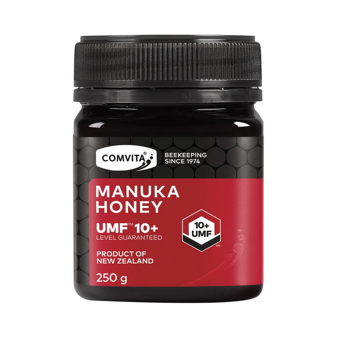 Comvita Manuka Honey UMF 10+ 250g jar, premium New Zealand honey, guaranteed UMF quality.