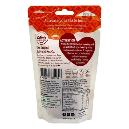 2die4 Live Foods Organic Activated Korean Chilli & Ginger Cashews 120g back label