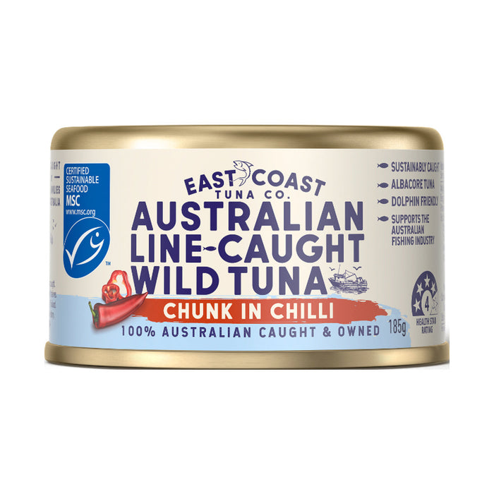 East Coast Tuna Co Australian Line-Caught Wild Tuna Chunks in Chilli 185g single tin; choose pack quantity separately
