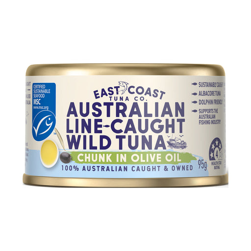 East Coast Tuna Co Australian Line-Caught Wild Tuna Chunks in Olive Oil 95g single tin; choose pack quantity separately