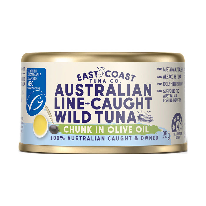 East Coast Tuna Co Australian Line-Caught Wild Tuna Chunks in Olive Oil 95g single tin; choose pack quantity separately