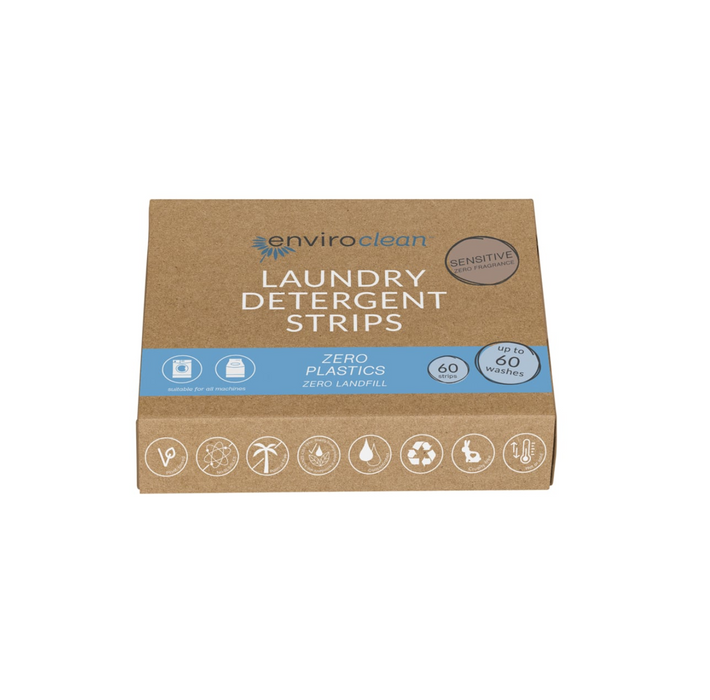 EnviroClean sensitive laundry detergent strips packaging, eco-friendly, hypoallergenic, 60 washes, zero plastics.