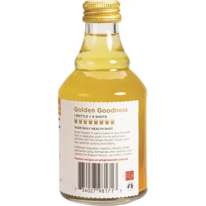 The Ginger People Turmeric Juice 99% bottle with golden liquid, ideal for wellness shots and natural health benefits.