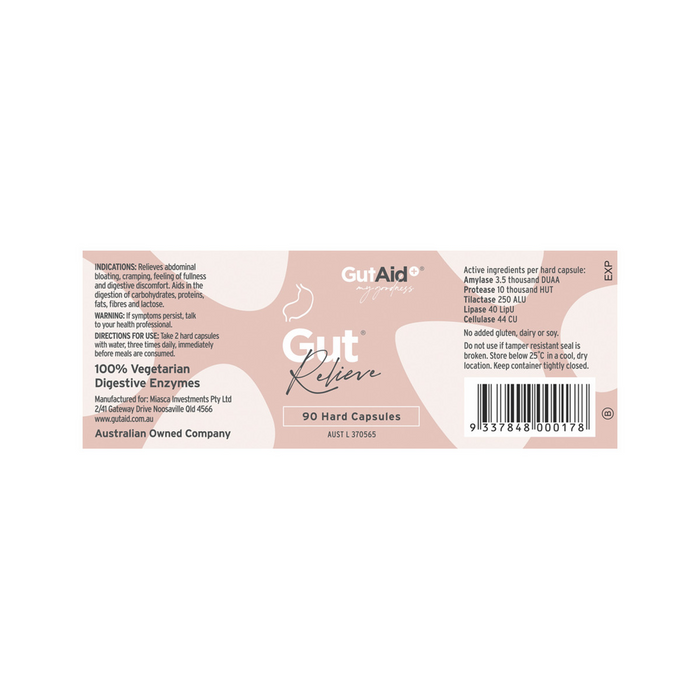 GutAid Gut Relieve 90 Capsules label with ingredients, directions and barcode