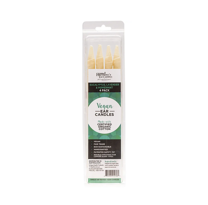 Harmony's Vegan Ear Candles 4 Pack in Eucalyptus, Lavender, and Peppermint for relaxation and aromatherapy.