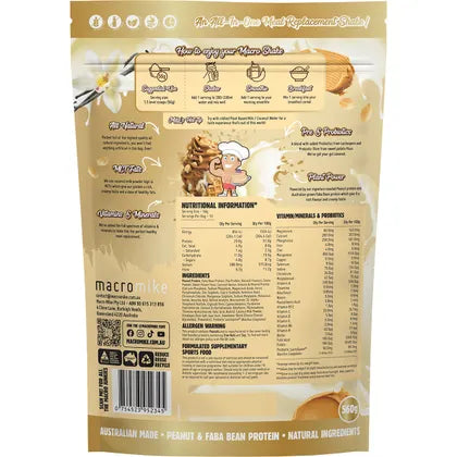 Back of Macro Mike PB Vanilla Ice Cream Macro Shake Meal Replacement 560g packaging with label and nutrition information