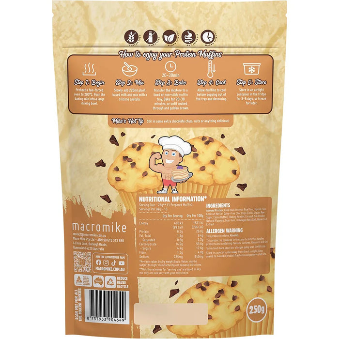 Back of Macro Mike Protein Muffin Baking Mix Choc Chip 250g package showing instructions and nutritional information.