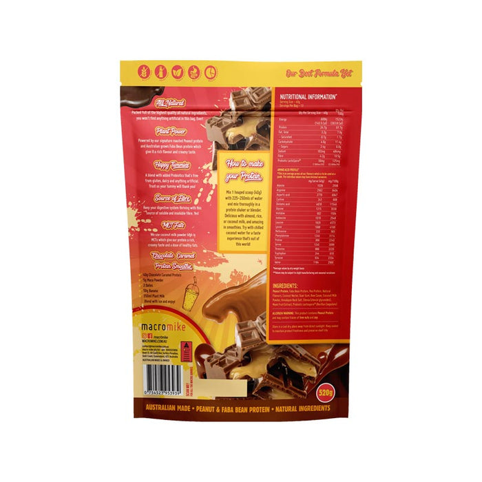 Back of Macro Mike Chocolate Caramel Peanut Butter Protein packaging with label and nutrition information