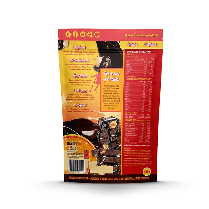 Back of Macro Mike Chocolate Hazelnut Premium Almond Protein packaging with label and nutrition information