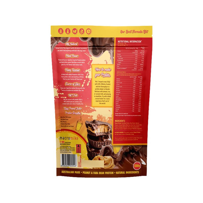 Back of Macro Mike Chocolate Peanut Butter Cup Protein packaging with label and nutrition information