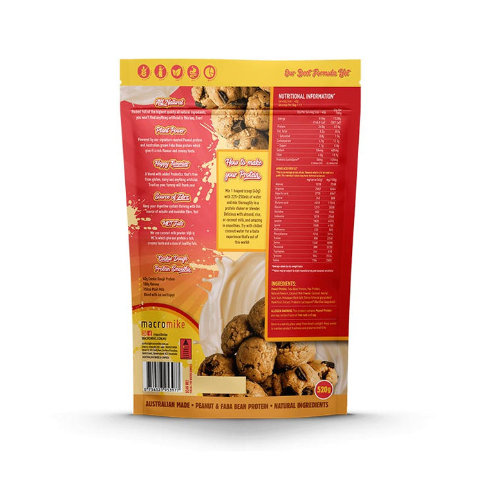 Back of Macro Mike Cookie Dough Peanut Butter Protein packaging with label and nutrition information