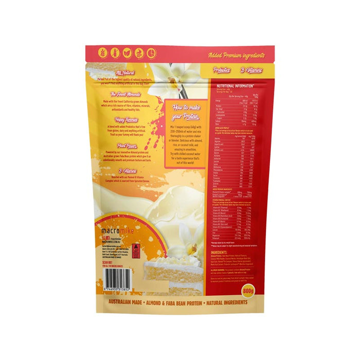 Back of Macro Mike Vanilla Buttercream Premium Almond Protein packaging with label and nutrition information