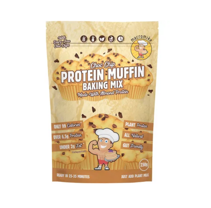 Macro Mike Protein Muffin Baking Mix Choc Chip 250g package featuring muffin graphics and key nutritional information.