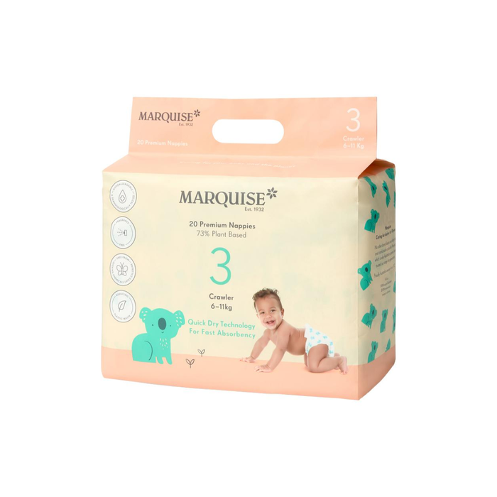 Marquise Premium Nappies (73% Plant Based) Crawler Size 3 (6-11kg) x 20 Pack
