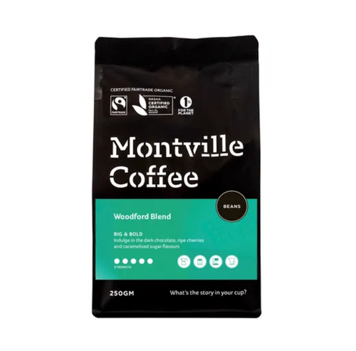 Montville Coffee Woodford Blend Coffee Beans 250g pack showcasing rich flavors and organic, fair trade certification.