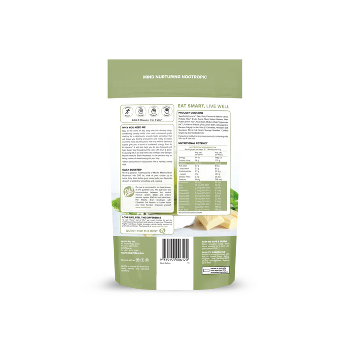 Back packaging of Morlife Matcha Brain Nootropic Creamy White Chocolate 100g, showcasing nutritional info and product details.