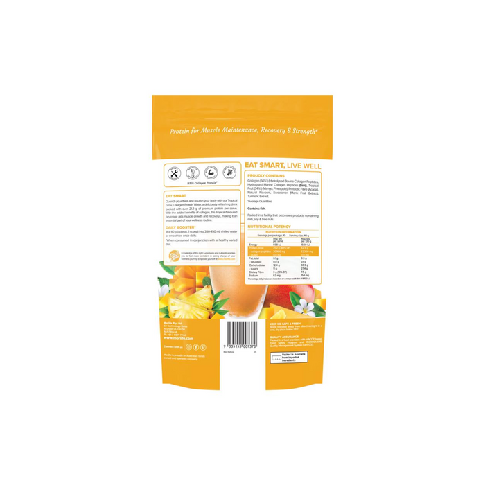 Back packaging of Morlife Protein Water Tropical Glow 400g displaying nutritional information and benefits.