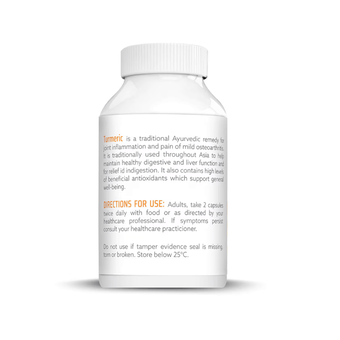 Organic Turmeric Supplement Bottle with Directions for Use Printed on Label