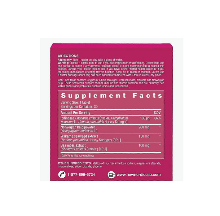 Supplement facts for New Nordic Irish Sea Moss 30 Tablets, highlighting ingredients and serving size.
