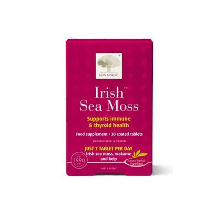 New Nordic Irish Sea Moss 30 tablets for immune and thyroid health, plant-based supplement in a pink package.