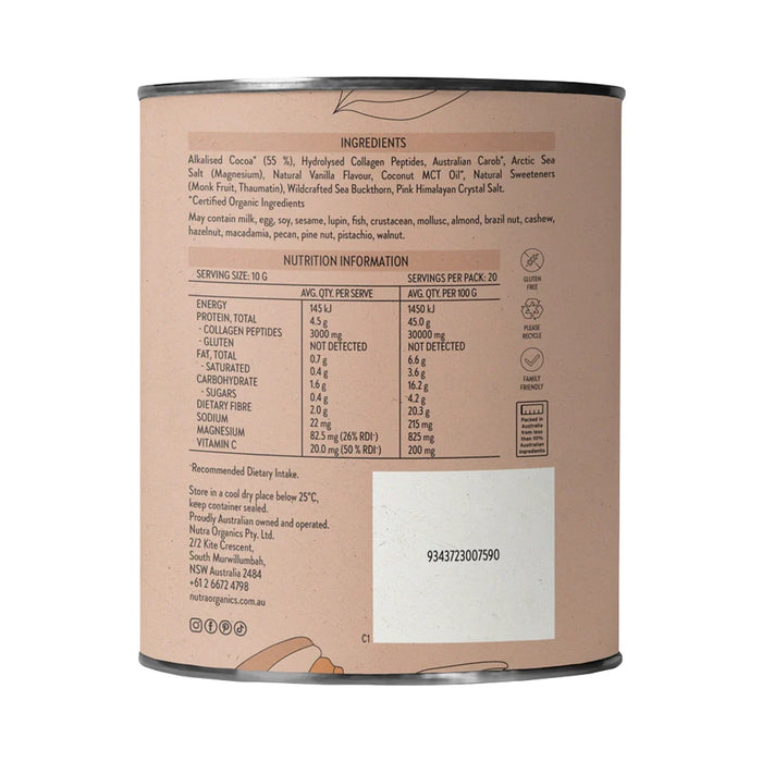 Nutra Organics Collagen Hot Chocolate 200g side panel