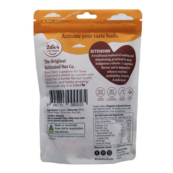 2die4 Live Foods Organic Activated Almonds 300g back label